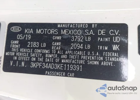 2019 Kia Forte S из США, поврежденный, VIN 3KPF34AD3KE119391